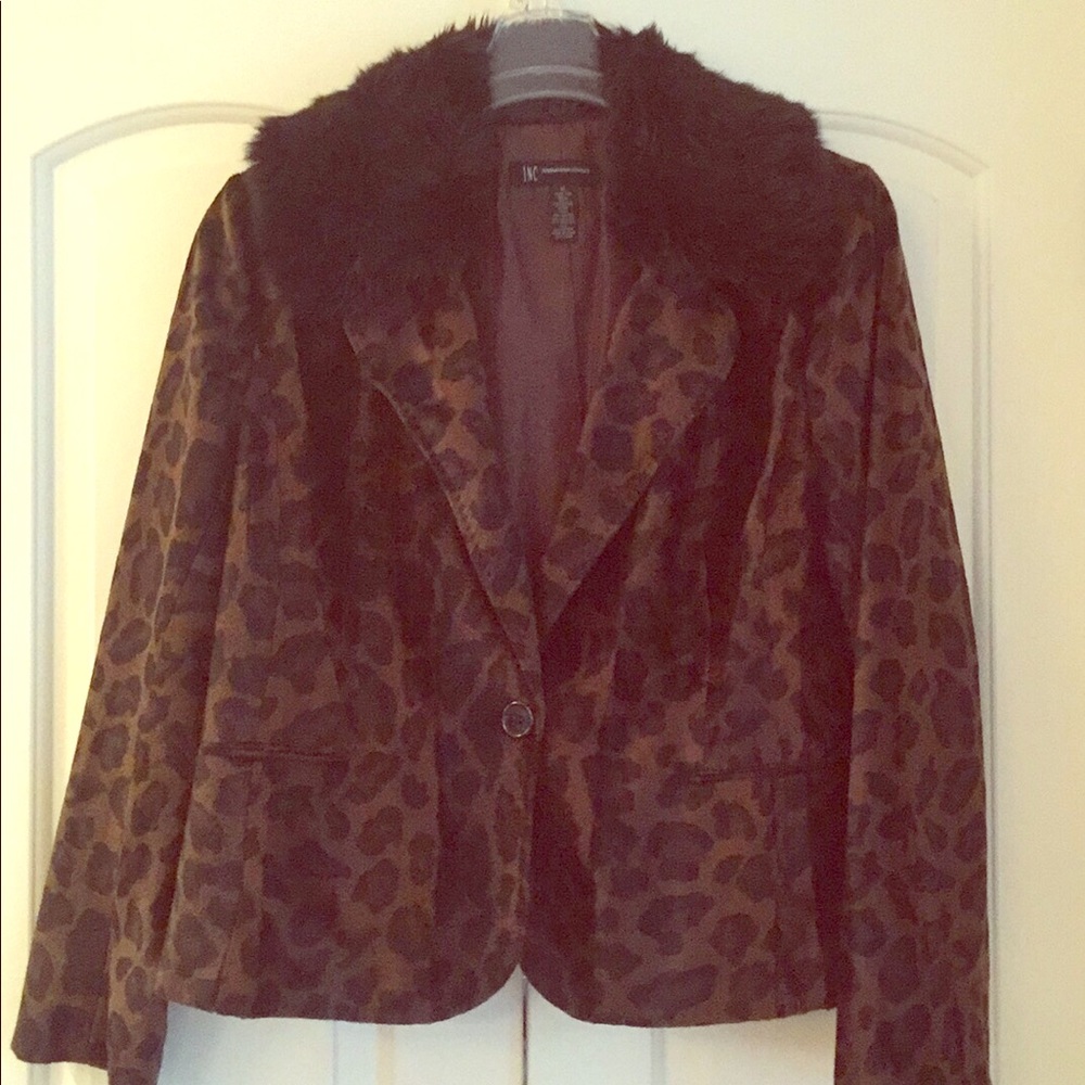 INC Leopard Jacket with Removable Faux Fur Collar